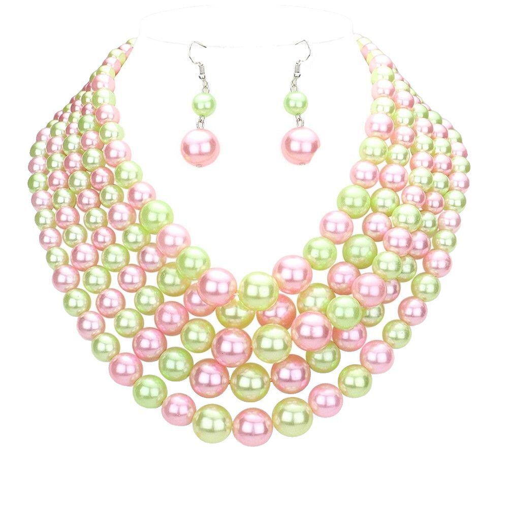Faux Pearl Multi Strand Bib Necklace Layered Statement Jewelry for Women